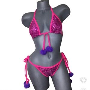 Pink and Purple Sequin Thong Bikini Set w Pom Poms